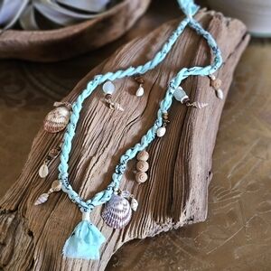 Boho Beach Necklace Shells + Charms on Bandana Cord Coastal Cowgirl Summer